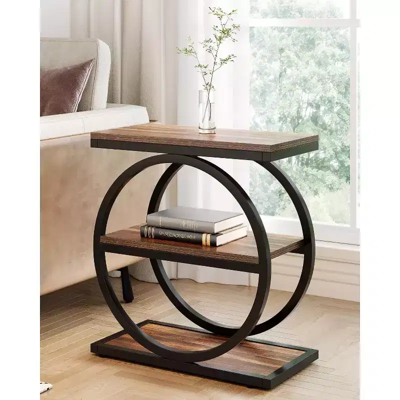 Lantine End Table, 3-Tier Side Table, Slim Sofa Side Table for Living Room, Tall Bedside Table Nightstand for Bedroom, Rustic Brown and Black