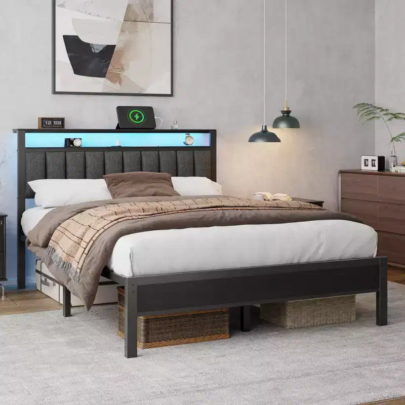 Grey Queen Bed Frame with LED Lights Charging Station Storage Bookcase Headboard Upholstered Platform Bed Metal Slats No Box Spring Needed