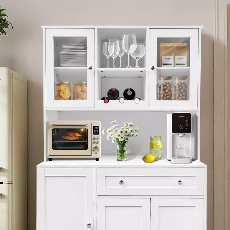 Storage cabinet with wine rack, drawers, door shelves, and modern glass display case; dining room sideboard with microwave shelf.