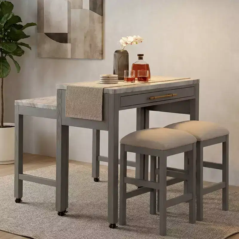 GDFStudio Dawson Farmhouse Wood Counter Height Dining Set with Faux Marble Top Expandable Table