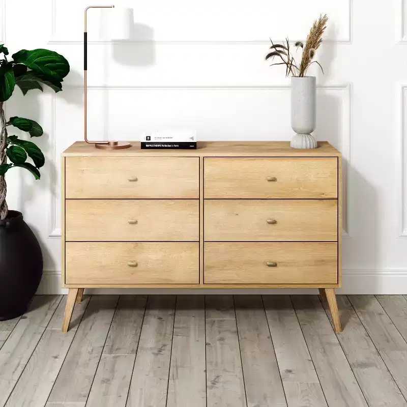 Prepac Milo 6 Drawer Bedroom Dresser Natural Oak