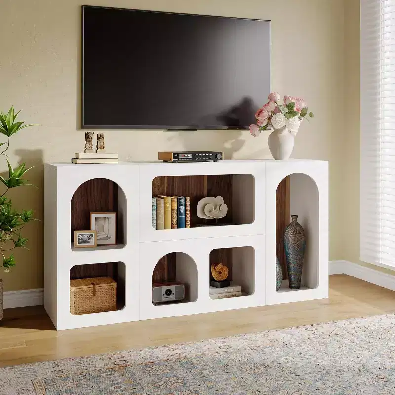 59-Inch Modern TV Stand for TVs Up to 65 Inches, Wood Entertainment Center with Open Shelves for Living Room, Bedroom, White