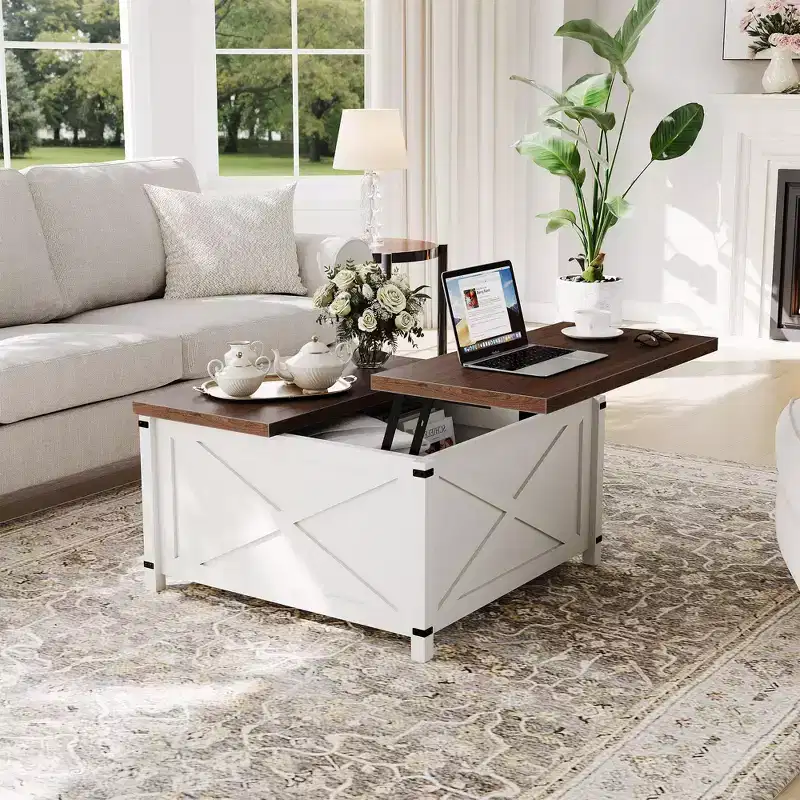 Coffee Table for Living Room with Lift Top and Storage, Square Industrial Design with X-Shaped Decor, Durable and Stylish
