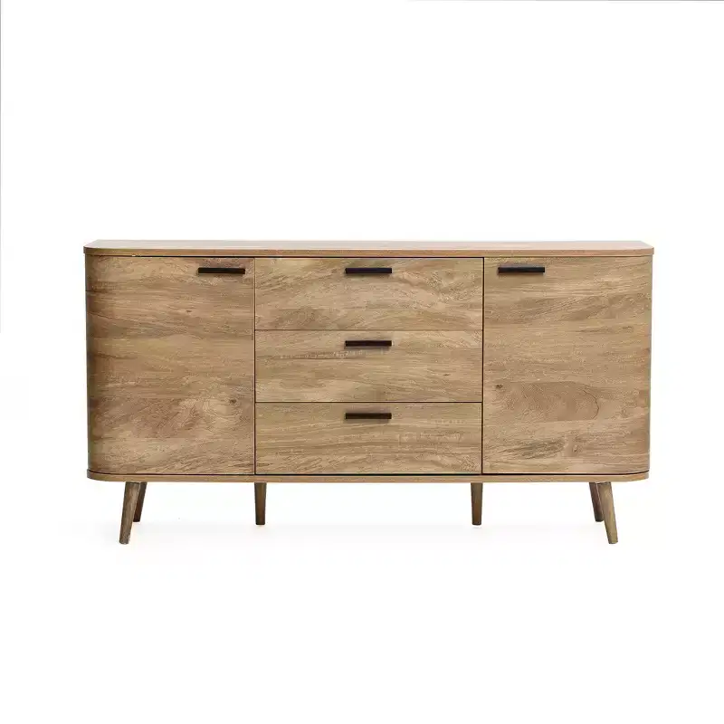 LuxenHome Sideboard Buffet Cabinet with Storage, 59'' Wide Natural Oak Manufactured Wood Accent Console Cabinet with 2-Door and 3-Drawer