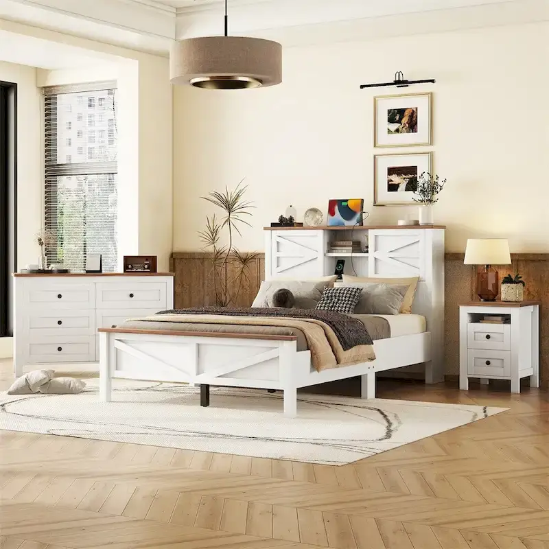 Bedroom Sets Full Size Platform Bed with Charging Station,Nightstand,Dresser(Set of 3)