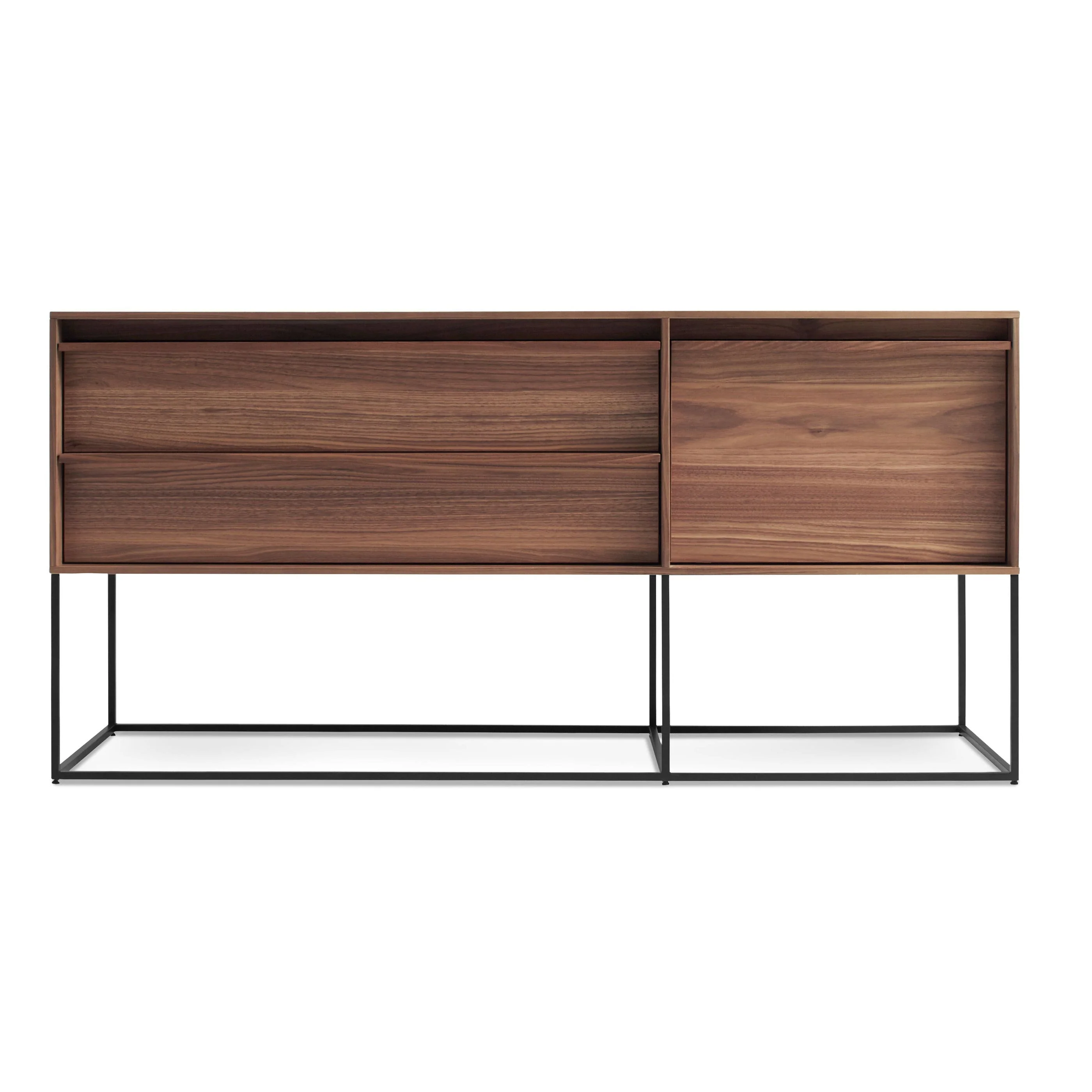 Modern Walnut Wood Cabinet with Wood Pulls & Steel Base for Living Room