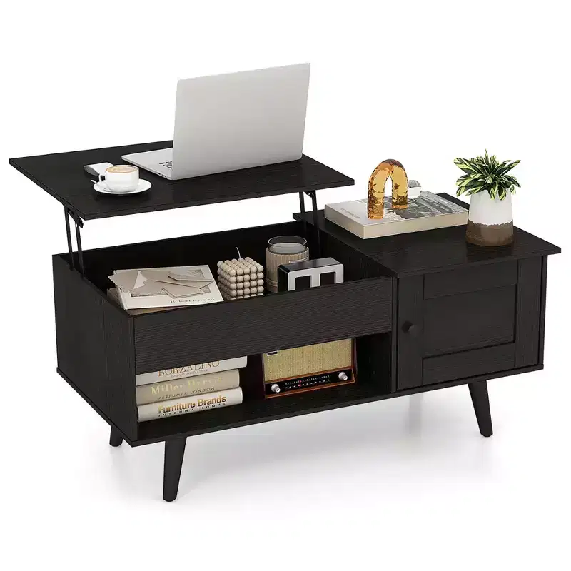 Lift Top Coffee Table with Storage Hidden Compartment Cabinet & Open Shelf Black/Brown/Natural