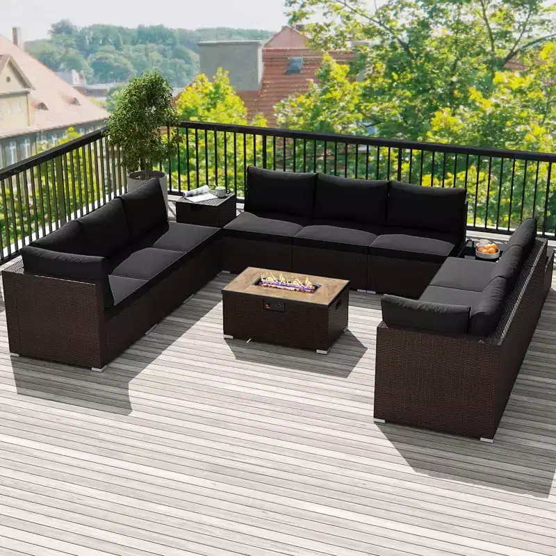 Costway 12 PCS Patio Wicker Sectional Sofa Set with 32 Propane Fire Pit Table Tank Holder Black/Brown/Navy