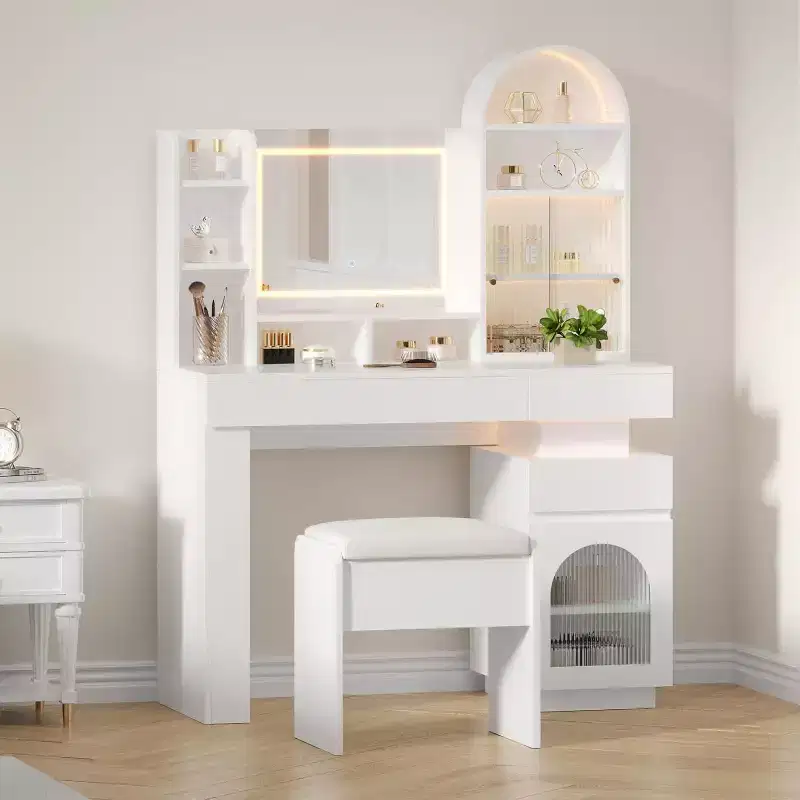 Makeup Vanity Desk with Mirror and Lights, Dressing Table with 3 Drawers and 11 Storage Shelves