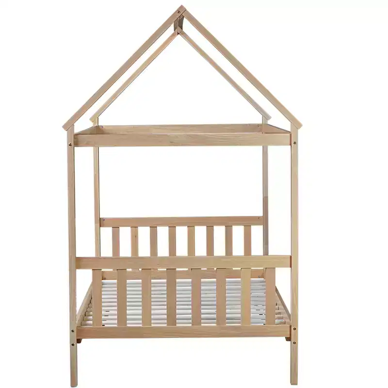 Twin Rubber Wood Bed with House Frame Beige