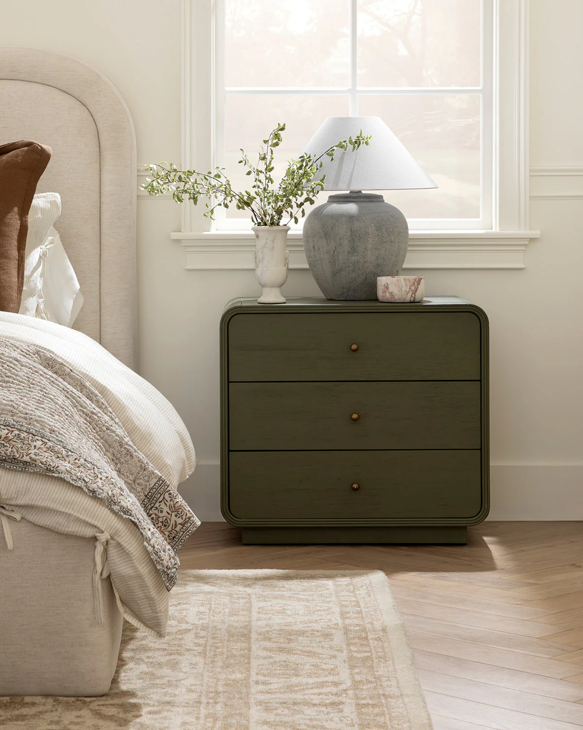 Modern Acacia Nightstand with Laurel Green Finish & Brass Hardware for Bedroom