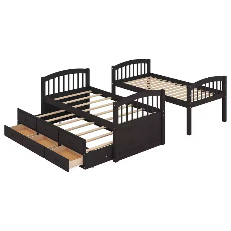 Wood Twin over Twin Bunk Bed with Ladder, Trundle & Drawers