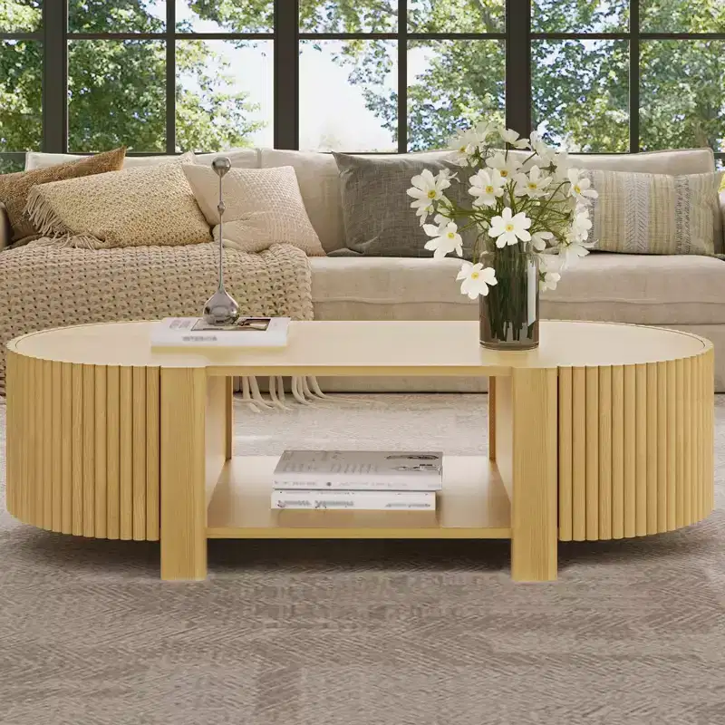 47 Modern Coffee Table, Wooden Oval Center Table with Storage, Accent Fluted Cocktail End Table for Living Room Bedroom Office