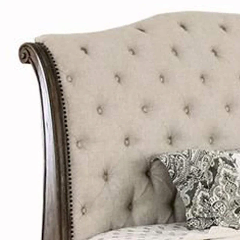 Sleigh Bed with Tufted Headboard and Footboard - Brown and Beige