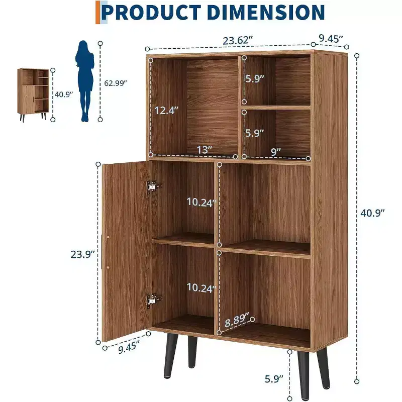 4 Tier Small Bookcase with Legs, Freestanding Wood Short Bookshelf with Door, Multi-Functional Walnut Cube Storage Organizer for Living Room,Office
