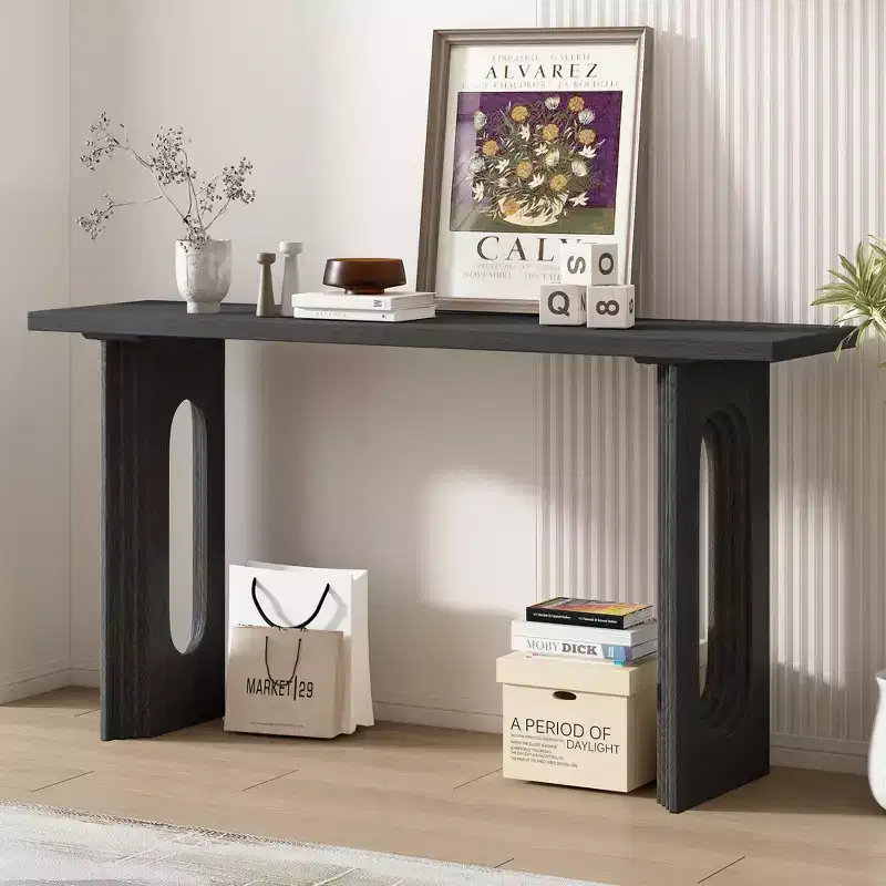 Unique Console Table with Round Hollow Legs, Modern Wood Entryway Table for Living Room and Entryway