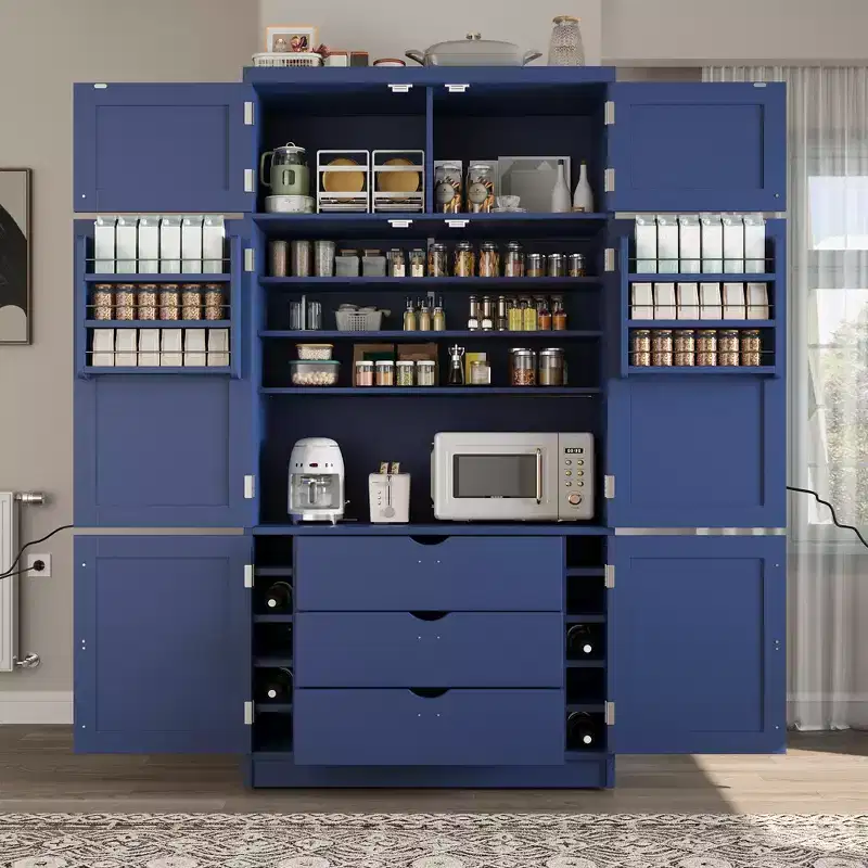GDFStudio Hallie Large Shaker Style Kitchen Pantry with 2 Power Outlets, Adjustable and Door Shelves