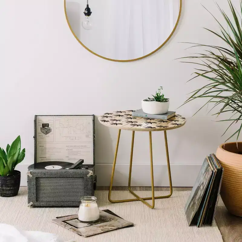 Round Watercolor Palm Tree Print Side Table, Black Steel Legs