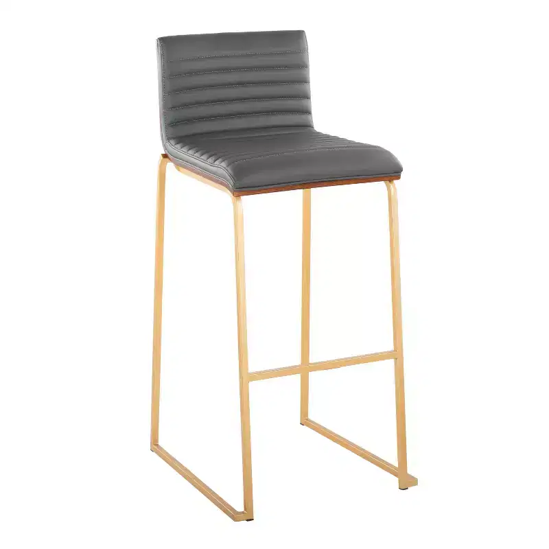 LumiSource 30" Mason Mara Fixed Height Barstools Gold Metal Walnut Wood/Gray PU Leather