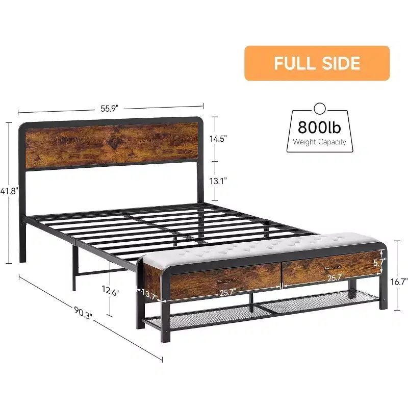 Rustic Brown Panel Bed Frame with Storage Drawers & Metal Slats