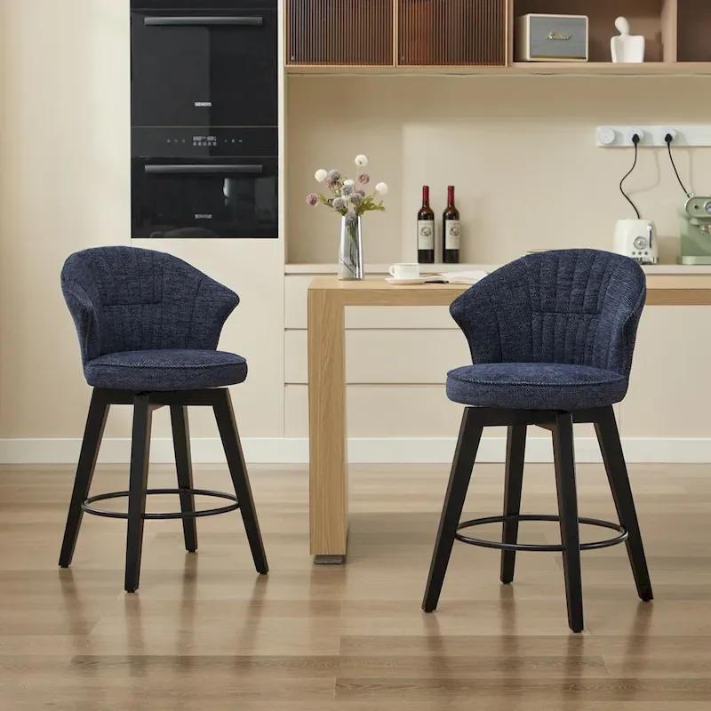 White / Blue / Dark Grey Swivel Bar Stools, Set of 2, Chenille Cushioned Counter Height Chairs with Metal Legs