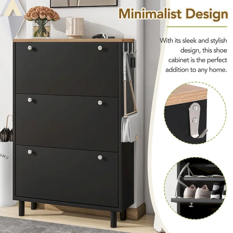 Shoe Cabinet with 3 Flip Drawers,Wood Grain Pattern with 3 Hooks,Free Standing Shoe Rack with Adjustable Panel