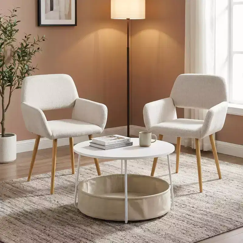 FurnitureR 3-Piece Accent Chair and Coffee Table Set, Round Side Table with 2 Upholstered Chairs for Living Room, Lounge or Apartment
