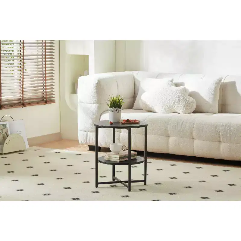 Farmhouse Small Round Side Table with Criss-Cross Legs, End Table with Bottom Shelf, Couch Table for Living Room, Bedroom, Black