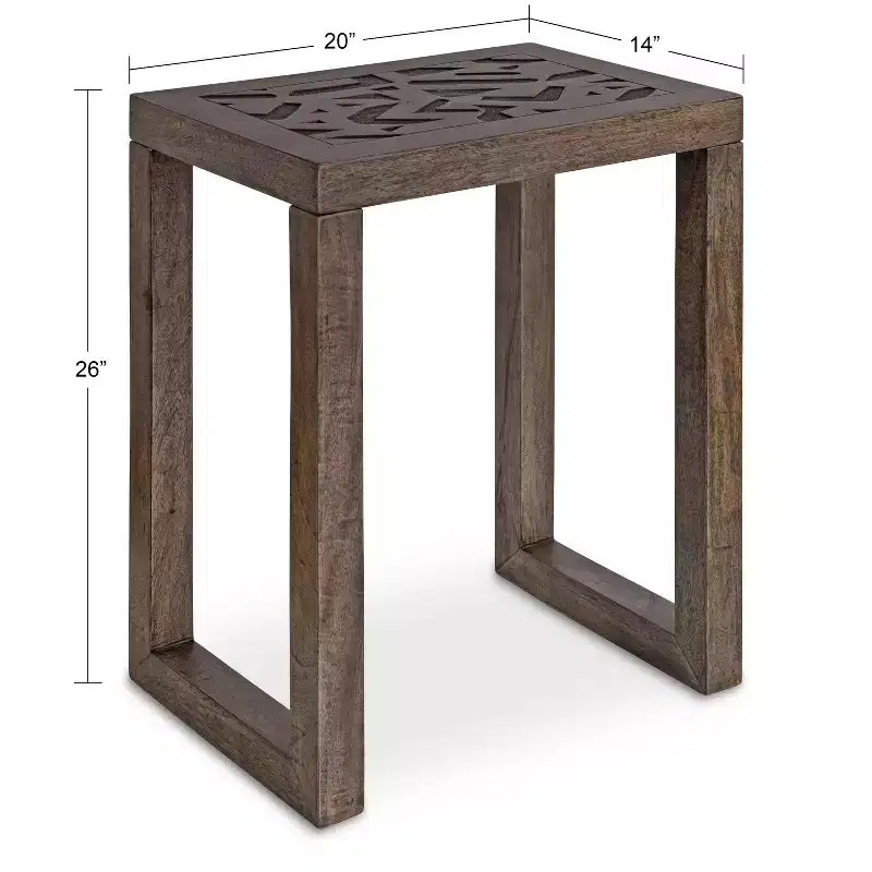 Boho-Chic Engraved Solid Mango Wood Side Table, 20x14x26, Gray Wash