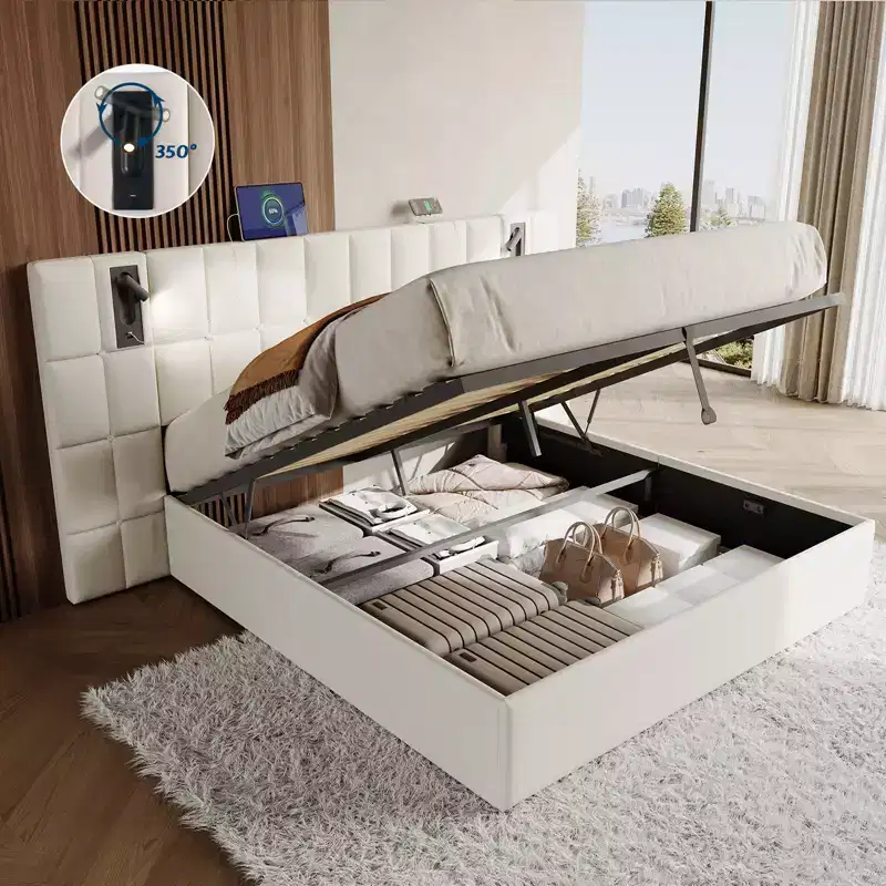 King Upholstered Bed Frame with Wide Headboard, Lift-Up Storage & Built-in Light, Velvet