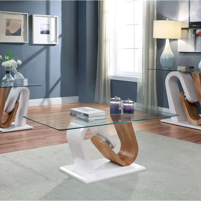 Contemporary White and Natural 47-inch Glass Top Coffee Table