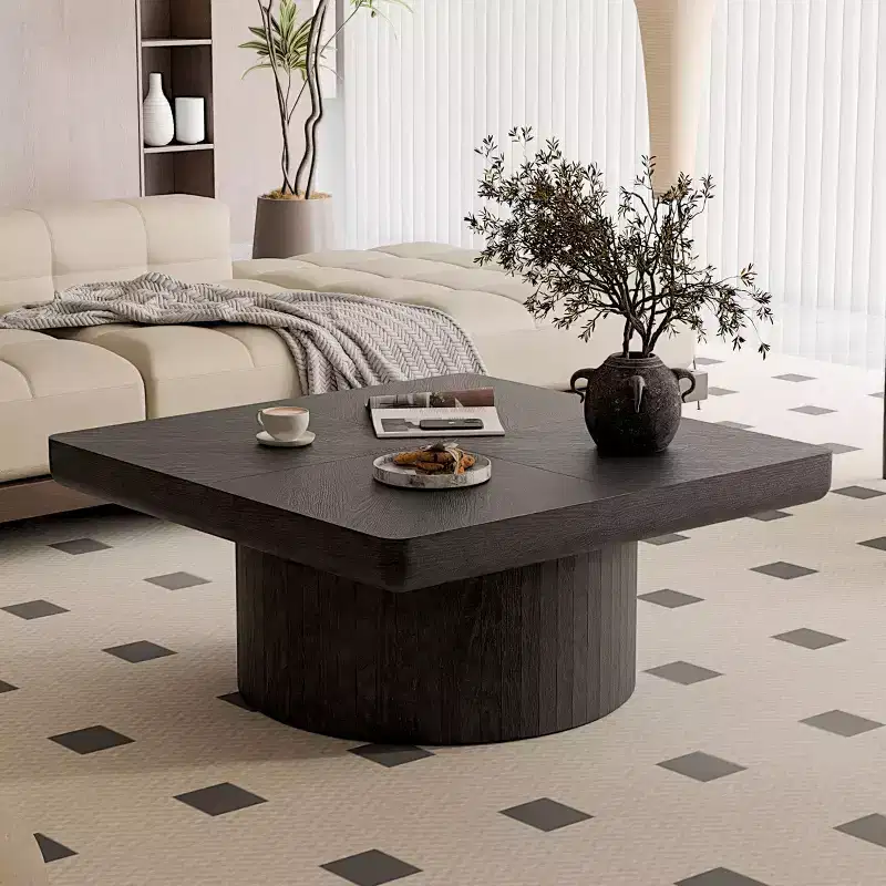 Vintage Square Fluted Coffee Table with Parquet Pattern, Solid Wood Veneer Center Table for Living Room, Bedroom
