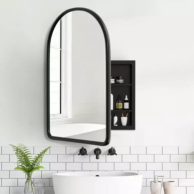 MAYEERTY 24 x 35.8in Modern Arch Bathroom Medicine Cabinets, Metal Framed Wall Mirror with Storage, Black