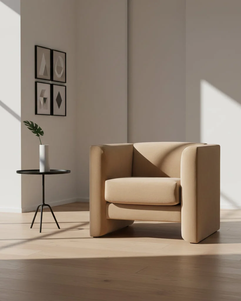 Modern Camel Velvet Lounge Chair with Angled Back for Living Room