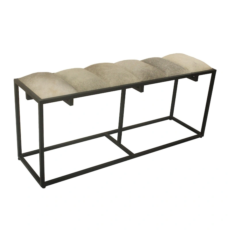 Verga 50W Black Iron, Grey Faux Hair & Leather Patch Bench - 50 x 14 x 22