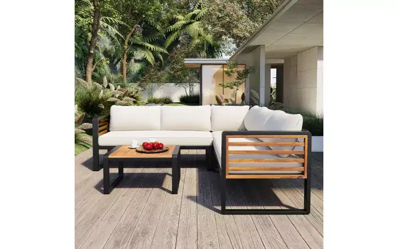 Whisen 4-Piece Modern Weather Resistant Metal & Wood Patio Conversation Furniture Set, Outdoor Sectional Sofa Couch Set with Cushions & Table