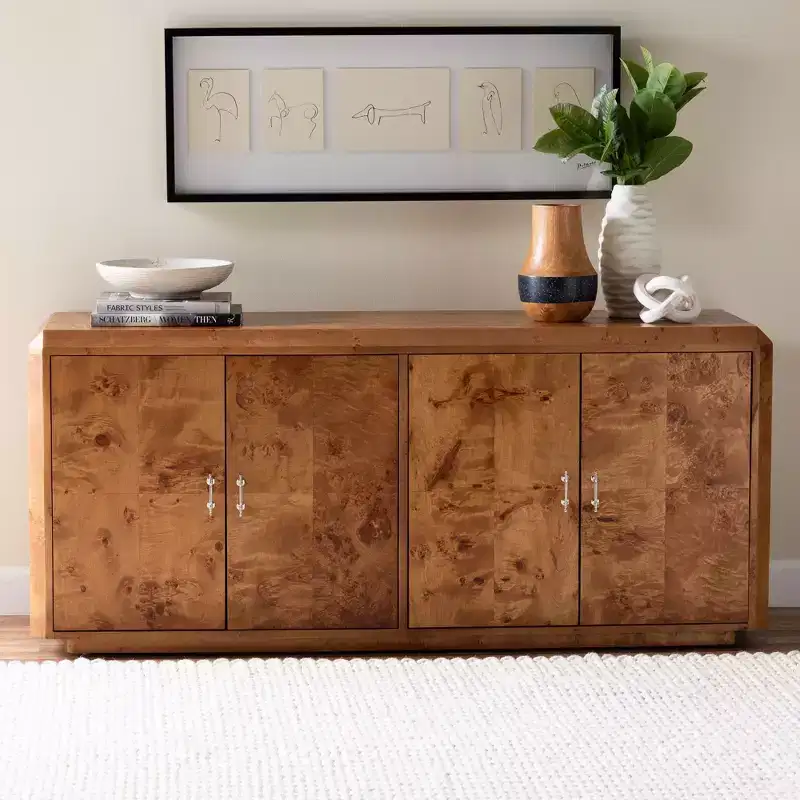 bali & pari Valora Modern and Contemporary Natural Mappa Burl Wood 4-Door Sideboard Buffet