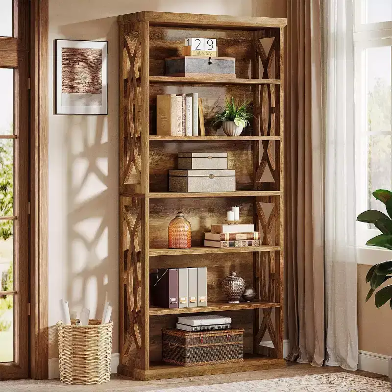 Lantine 6-Tier Wooden Bookshelf, 71 Tall Freestanding Bookcase, Industrial Display Shelves for Home Office, Living Room, Brown