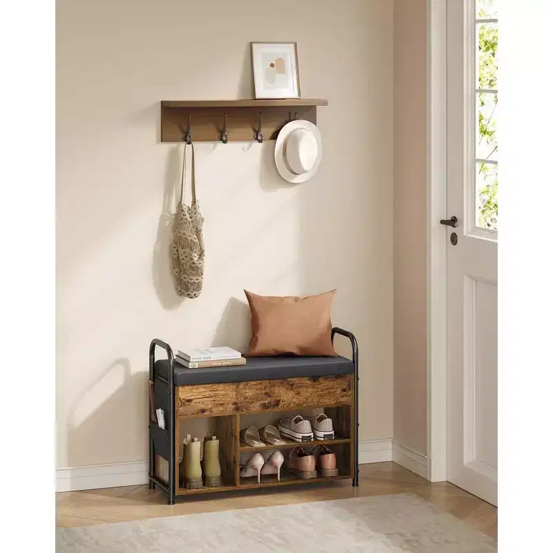 Rustic Shoe Bench with Inner Storage and PU Pockets - Entryway Essential for Organization and Style
