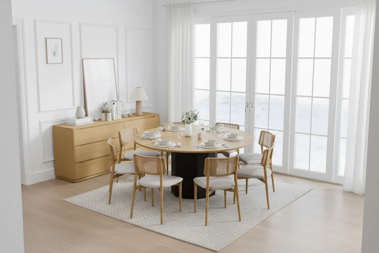 Solid Wood Round Dining Table with Cylindrical Pedestal Base, Seats 6–8 – 60