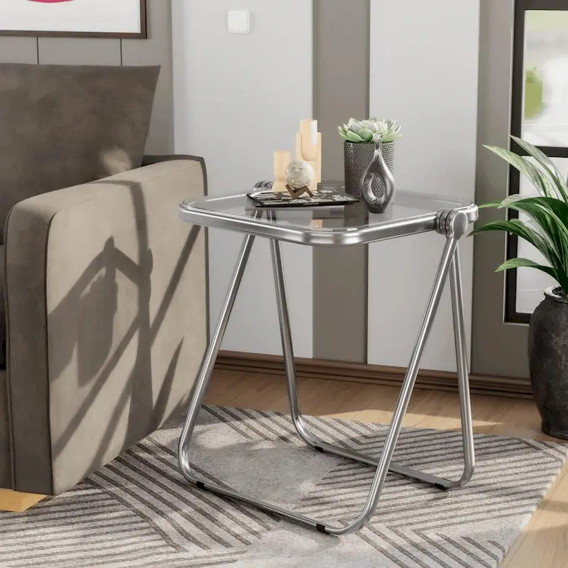 Square Plastic Folding End Table with X-Shaped Iron Frame - Chrome Finish