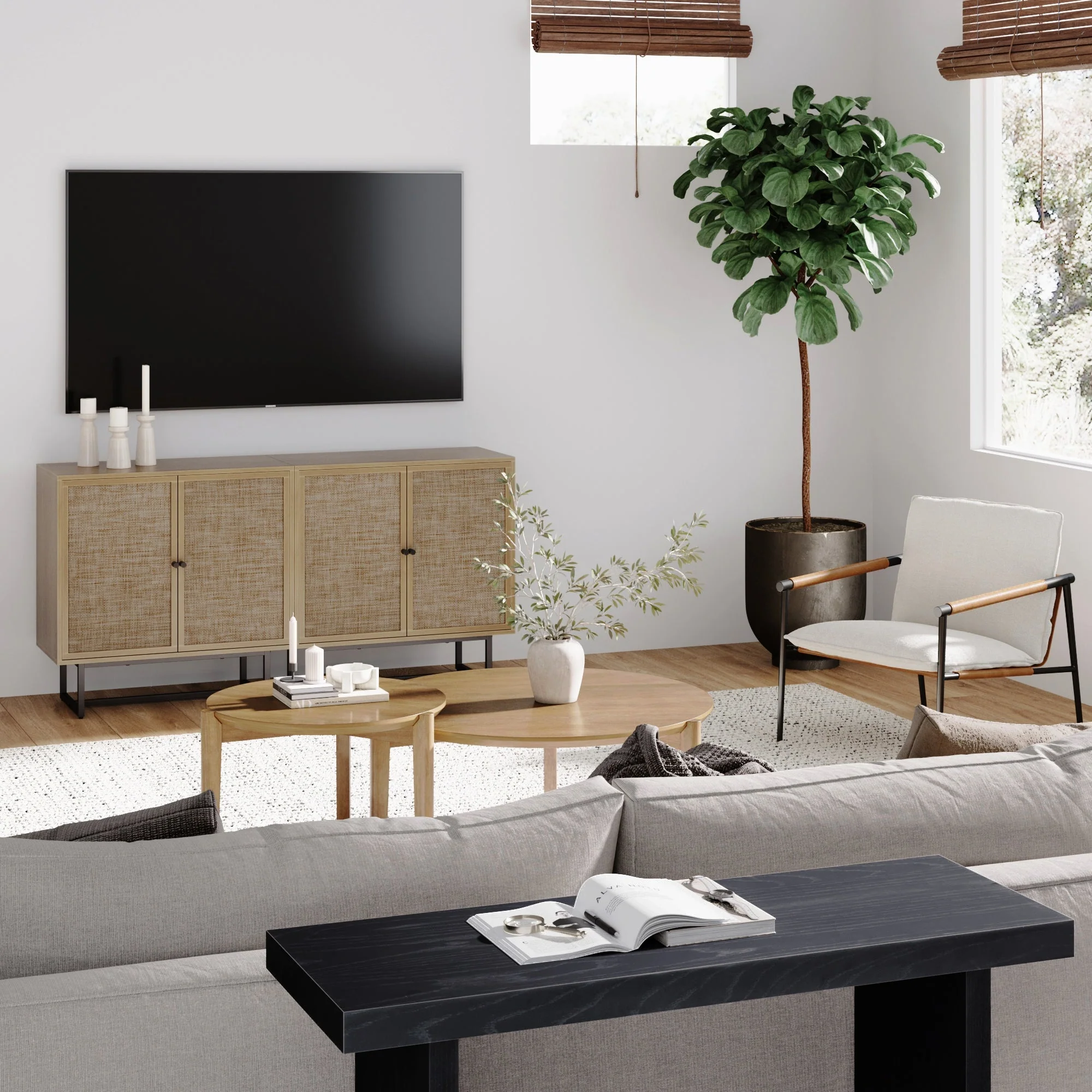 Metal and Rattan TV Stand Console for TVs up to 65 Light Oak
