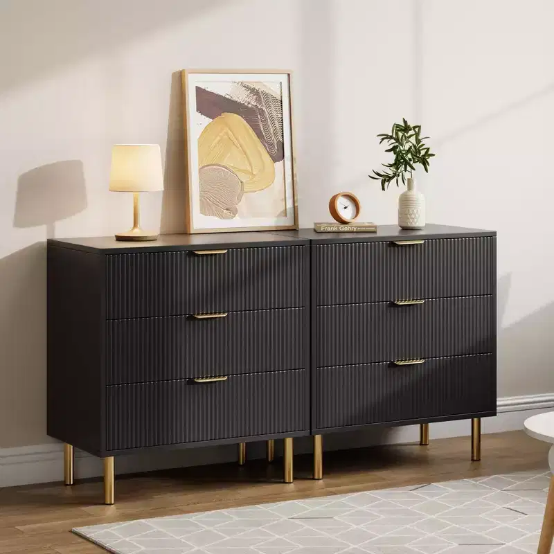 Black Dresser, Modern 3 Drawer Dresser for Bedroom with Gold Handle and Large Drawer