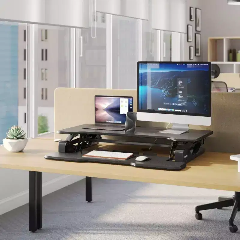 Mount-It! Height Adjustable Stand Up Desk Converter | 38 Wide Tabletop Standing Desk Riser with Gas Spring & Keyboard Tray Fits Two Monitors | Black