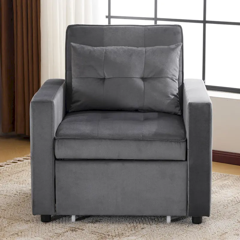 Convertible Sleeper Sofa Chair Bed with Adjustable Backrest and Built-In Pillow