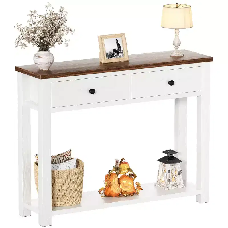 2-Tier Farmhouse Console Table with Drawers, Narrow Sofa Table for Entryway, Living Room, or Hallway - White
