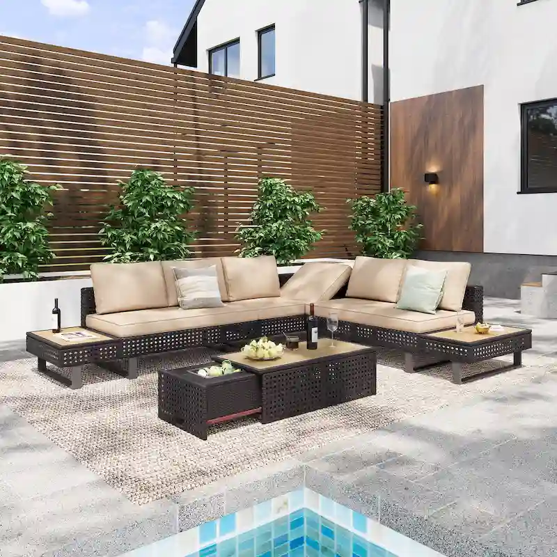 Outdoor 6-Piece Rattan Sectional Sofa Set with Adjustable Seat & Ice Bucket Table