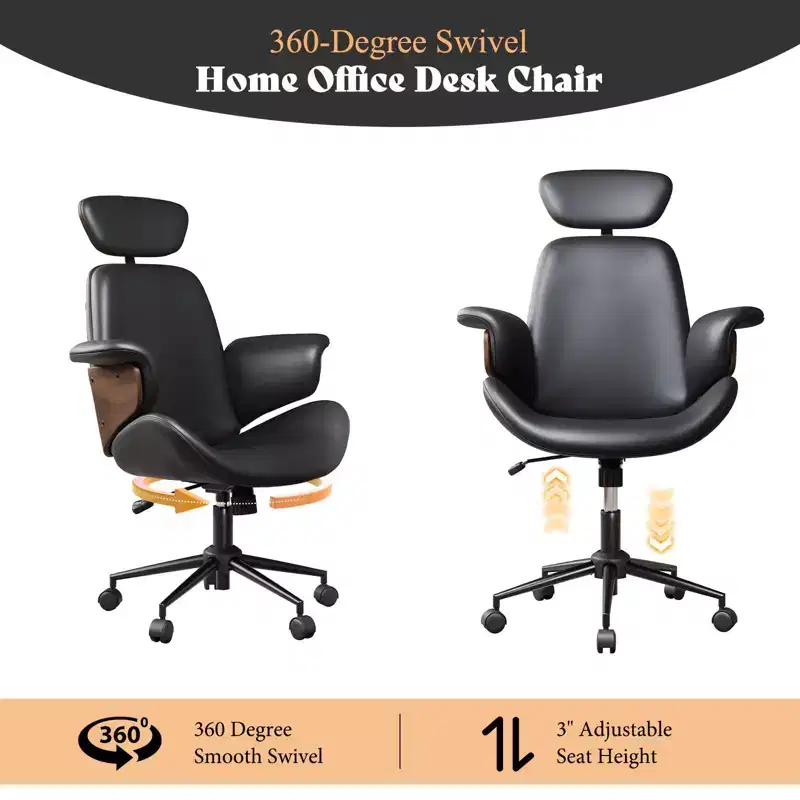 Office Chair with Wheels, PU Leather Swivel Desk Chair, Bentwood Arms, Height Adjustable