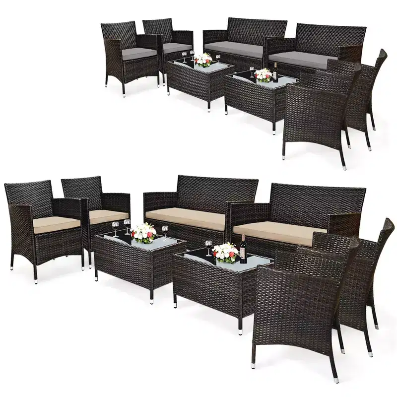 Costway 8PCS Patio Wicker Furniture Set Sofa Chair with Brown & Red Cushion Covers Garden