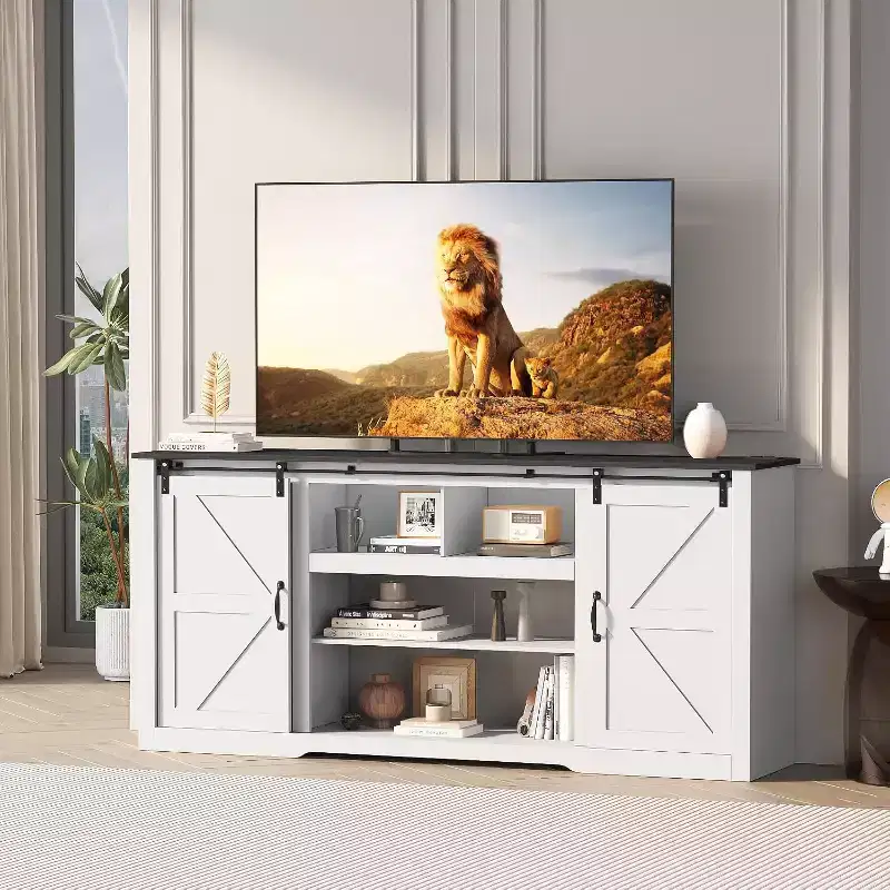 Farmhouse TV Stand for 80 Inch TVs, 70 Inch Media Console with Sliding Barn Doors & Storage Cabinets